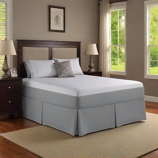 Full - size bed skirts with a gathered fabric12 Inch Drop Tailored Bed Skirt Egyptian Cotton Split Corner Pleated Silver 1000TC Full - size bed skirts with a gathered fabric12 Inch Drop Tailored Bed Skirt Egyptian Cotton Split Corner Pleated Silver 1000TC