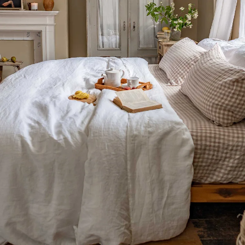 King - Size Sheet Sets with a Decorative Pillow SetMushroom Gingham 100% Linen Fitted Sheet