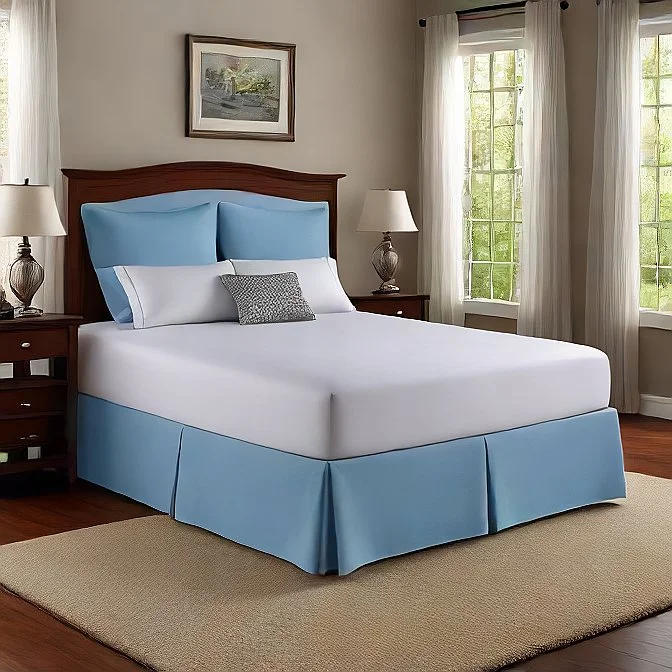 Bed skirts with a tie - back design for adjustability12 Inches Drop Bed Skirt Solid Sky Blue Egyptian Cotton 1000TC