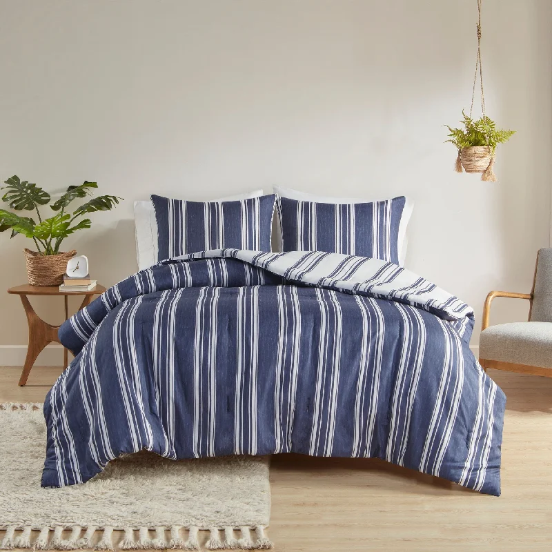 Goose down comforters known for their superior quality and insulationIntelligent Design Miles Navy Striped Reversible Comforter Set Goose down comforters known for their superior quality and insulationIntelligent Design Miles Navy Striped Reversible Comforter Set