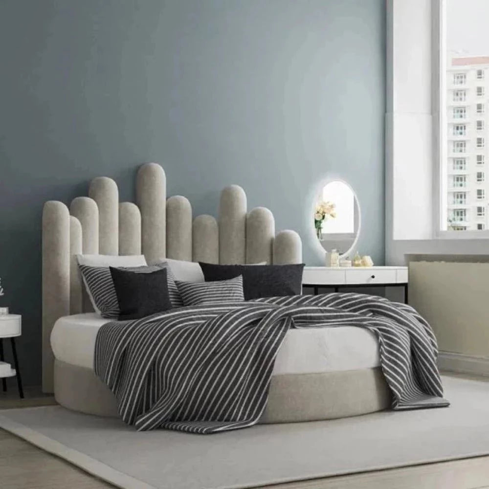 Innerspring mattresses with coil counts for supportKing - size mattresses for spacious master bedroomsMagnum Upholstered Luxury Round Bed in Grey Suede Innerspring mattresses with coil counts for supportKing - size mattresses for spacious master bedroomsMagnum Upholstered Luxury Round Bed in Grey Suede