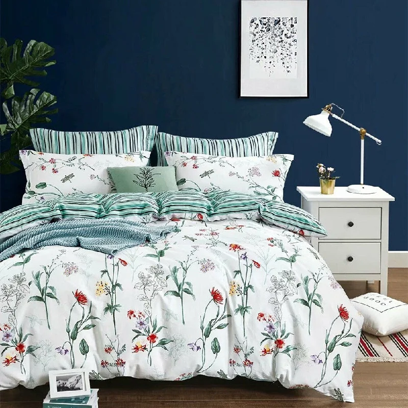 Recycled polyester blankets for an eco - conscious optionBamboo fiber blankets with natural antibacterial propertiesKing Bed Set Duvet Cover & Pillow Shams Floral & Green Stripe Recycled polyester blankets for an eco - conscious optionBamboo fiber blankets with natural antibacterial propertiesKing Bed Set Duvet Cover & Pillow Shams Floral & Green Stripe