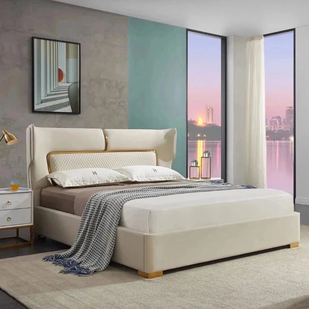 Gel - infused memory foam mattresses for cooler sleepMemory foam mattresses for pressure relief and contouringRomeo Upholstered Bed In Beige Suede Gel - infused memory foam mattresses for cooler sleepMemory foam mattresses for pressure relief and contouringRomeo Upholstered Bed In Beige Suede